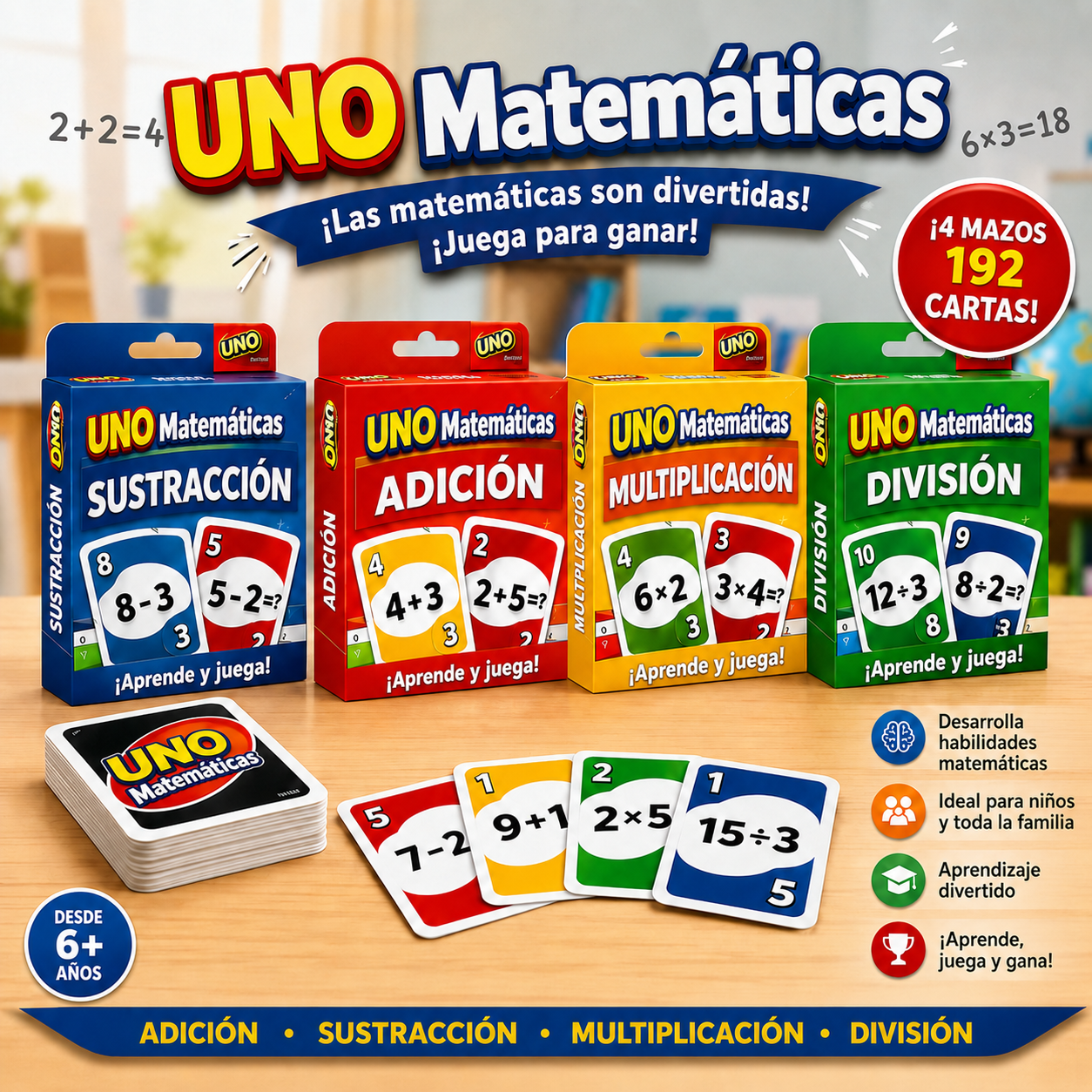 Pack Matemáticas UNO con cuatro barajas y 192 cartas